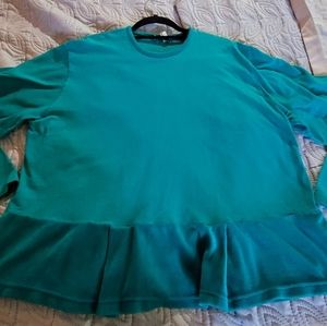 Medium Fenini Teal Blue Long Sleeve Cotton Velvet Peplum Shirt